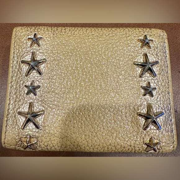 Jimmy Choo Tri Fold Compact Wallet Shiny Gold Pebble Leather w/Silver Star Studs - Picture 2 of 11